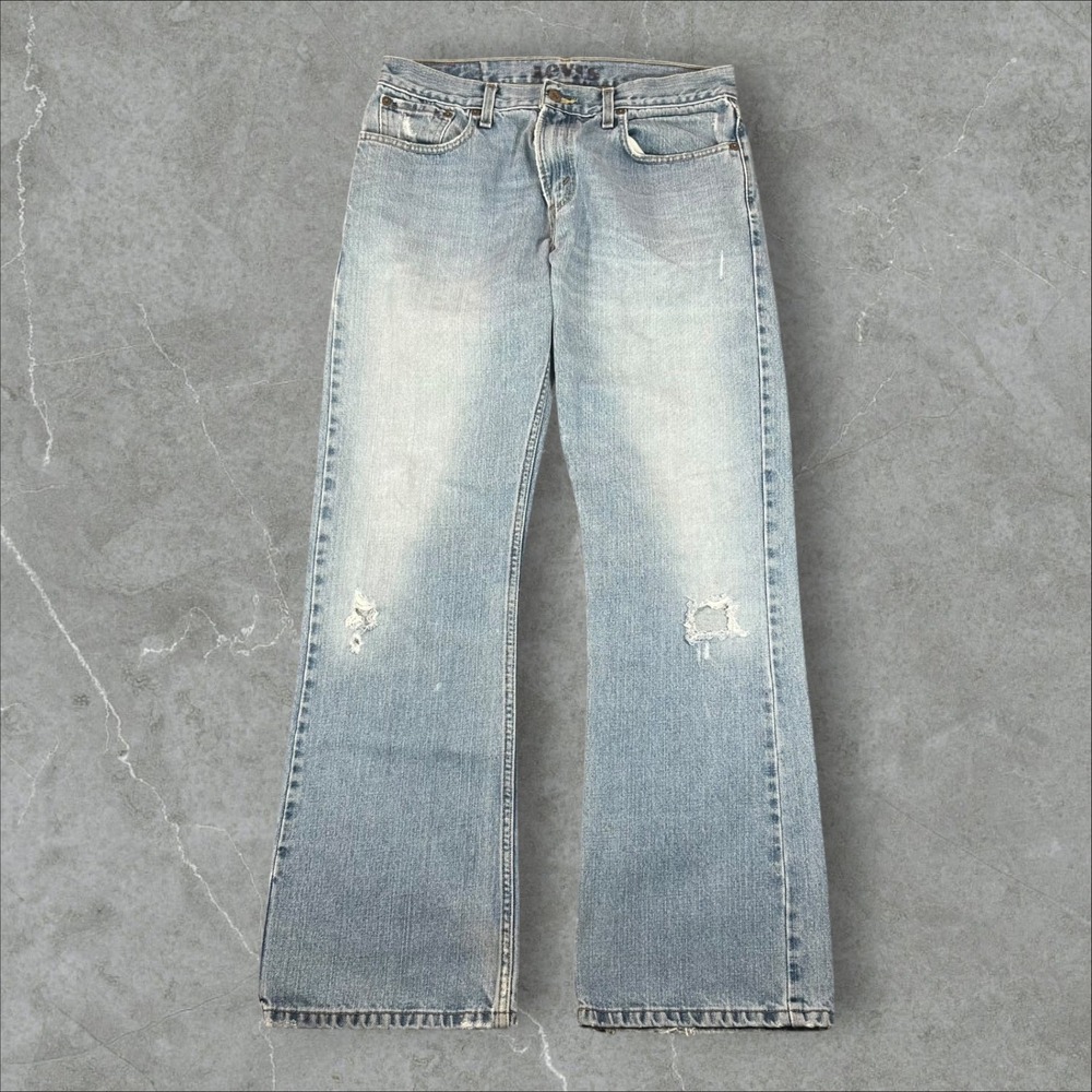 Levis 527 Low Boot Cut Jeans Mens 32x32 Light Blue Distressed Denim Y2K Grunge